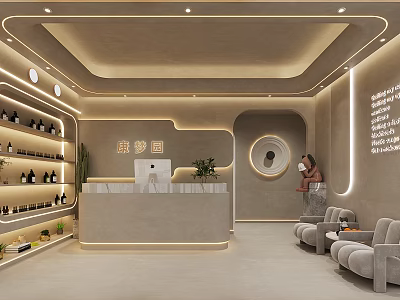 Modern SPA Reception Area With Cozy Seating And Warm Lights 3d model