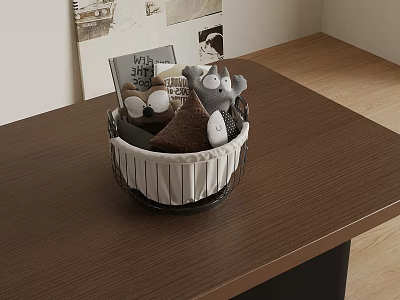 Black And White Storage Basket With Gray Brown Plush Toys On Brown Tabletop 3d model