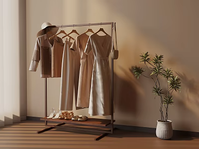 Stylish Clothes Rack With Hanging Dresses Hat And Shoes Near Potted Plant 3d model