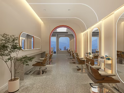 Modern Beauty Salon Interior Design With Mirrors Styling Chairs And Green Plant 3d model
