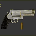 Silver Metallic Revolver With Black Grip And Orange Bullet On Dark Background
