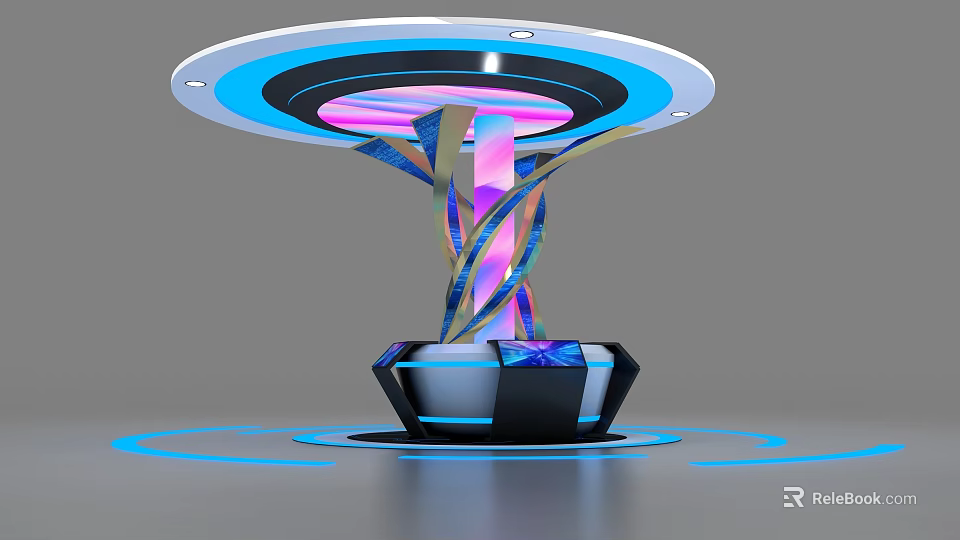 Modern Ornamental Device with Circular Top Blue Purple Lights Twisted Structure Black Base Blue Halo 3d model 