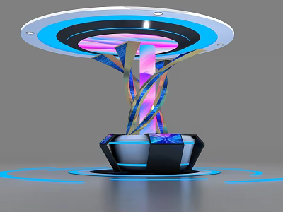 Modern Ornamental Device with Circular Top Blue Purple Lights Twisted Structure Black Base Blue Halo 3d model