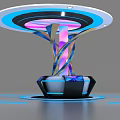 Modern Ornamental Device with Circular Top Blue Purple Lights Twisted Structure Black Base Blue Halo