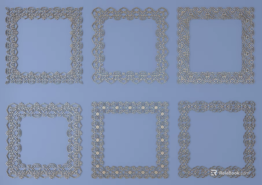 Intricate Carved Square Frames Displayed On Blue Background In Six Designs 3d model 