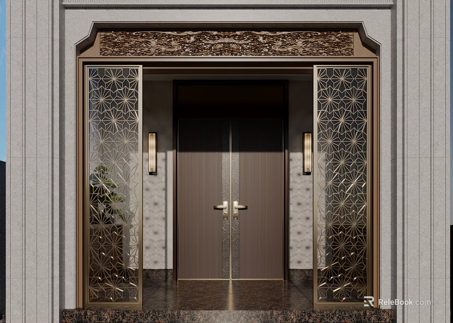 Luxurious Entrance Door With Golden Carved Panels Wall Lamps And Elegant Design 3d model 