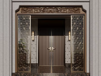 Luxurious Entrance Door With Golden Carved Panels Wall Lamps And Elegant Design 3d model