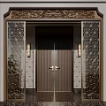 Luxurious Entrance Door With Golden Carved Panels Wall Lamps And Elegant Design