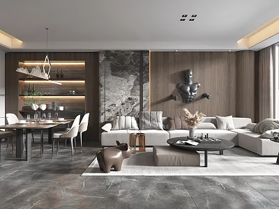 Modern Open Living and Dining Room With Sofa Dining Table and Pendant Lights 3d model