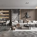 Modern Open Living and Dining Room With Sofa Dining Table and Pendant Lights 3d model