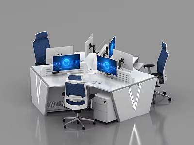 Modern Sleek Office Desk with White Desktop Multiple Computer Monitors Blue Chairs and Storage Drawers 3d model