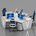 Modern Sleek Office Desk with White Desktop Multiple Computer Monitors Blue Chairs and Storage Drawers