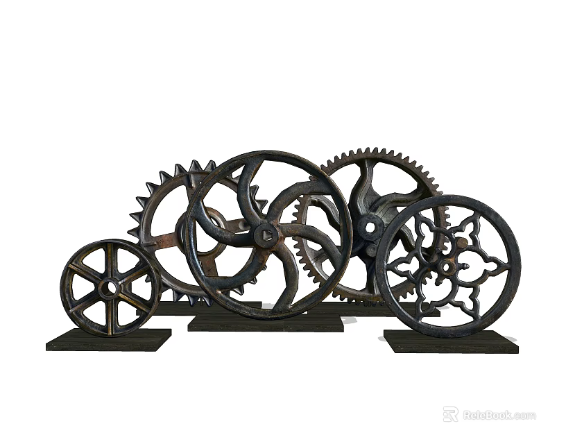 Vintage Metal Gear Decorative Ornament Set With Various Sizes And Bases 3d model 
