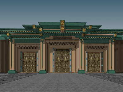 Traditional Style Entrance Gate With Green Roof Golden Decorations And Carved Door Panels 3d model