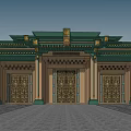 Traditional Style Entrance Gate With Green Roof Golden Decorations And Carved Door Panels