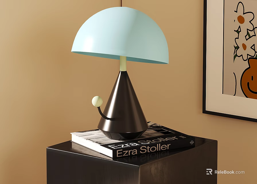 Light Blue Shade Table Lamp With Dark Brown Cone Base On Black Table With Book 3d model