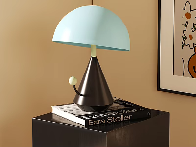 Light Blue Shade Table Lamp With Dark Brown Cone Base On Black Table With Book 3d model