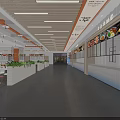 Modern Food Court Interior With Food Display Screens Counter Dining Tables And Bright Lighting