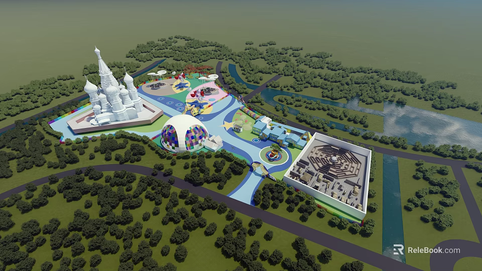 Vibrant Theme Park With Castle Colorful Rides Lake And Lush Green Landscapes 3d model 
