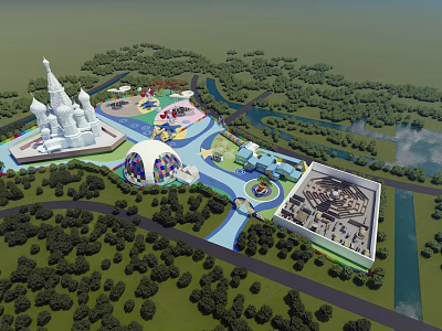 Vibrant Theme Park With Castle Colorful Rides Lake And Lush Green Landscapes 3d model
