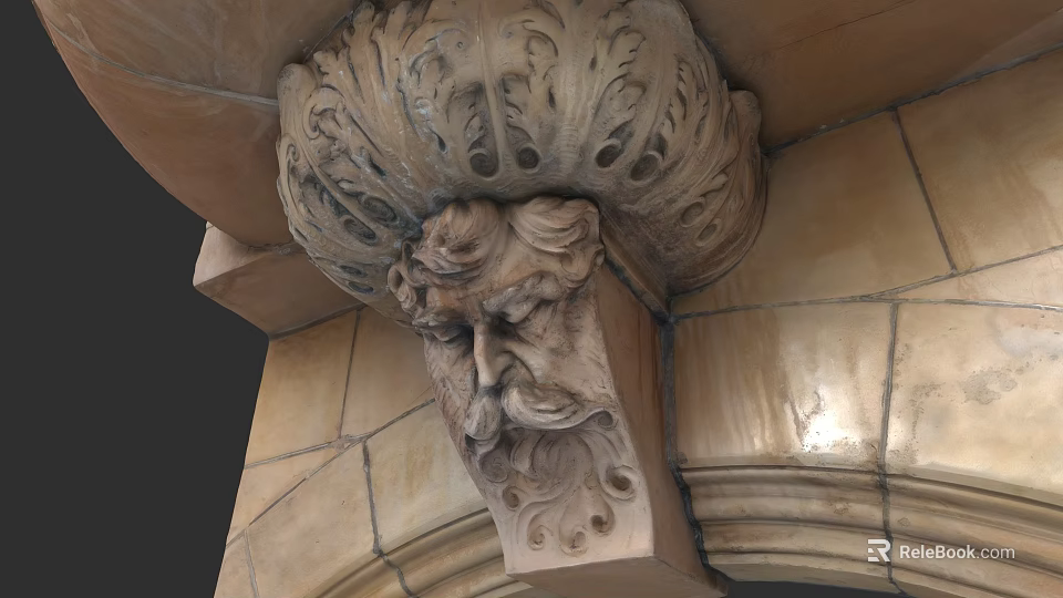 Classical Building Facade Featuring Carved Human Head Sculpture And Intricate Stone Patterns 3d model 