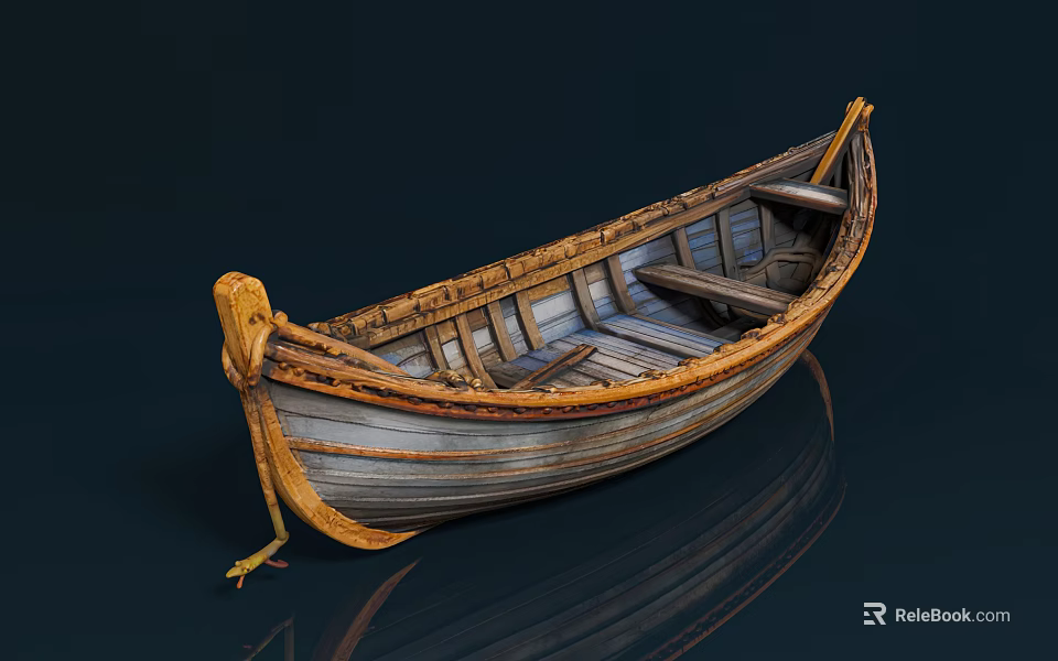 Vintage Wooden Boat With Carved Bow Wooden Seats And Natural Wood Texture 3d model 