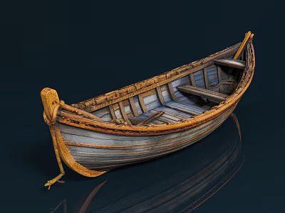 Vintage Wooden Boat With Carved Bow Wooden Seats And Natural Wood Texture 3d model