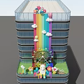 Colorful Art Installation On High Rise Building Facade With Rainbow Clouds Ferris Wheel Cartoon Bear And Flowers