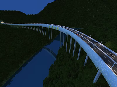 Illuminated Modern Bridge With Traffic Lanes Over River In Mountainous Green Area 3d model