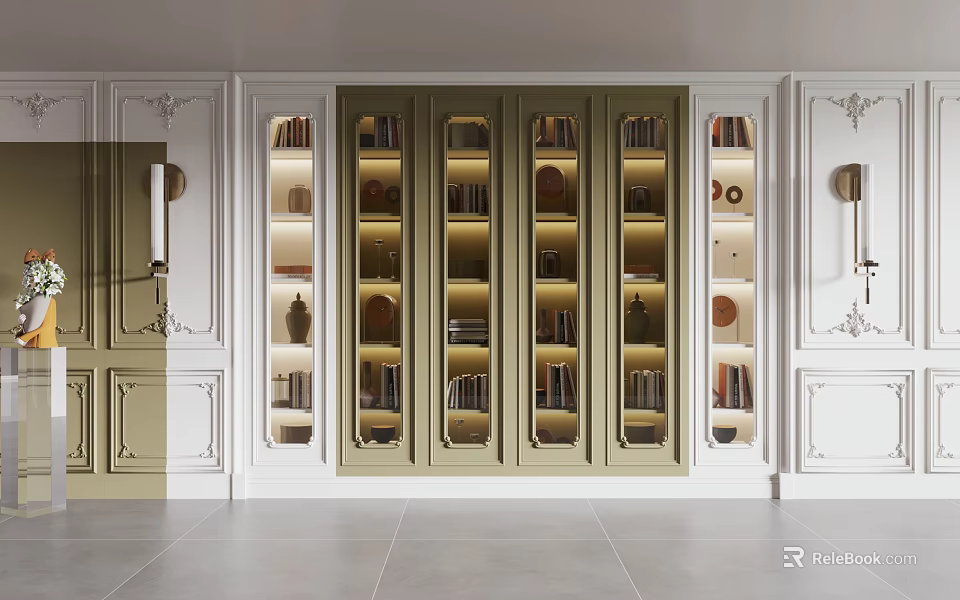Elegant Modern Bookcase With Glass Doors Built-in Lighting And Decorative Items On White Walls 3d model 