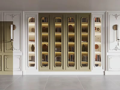 Elegant Modern Bookcase With Glass Doors Built-in Lighting And Decorative Items On White Walls 3d model