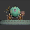 Smart Machine Featuring Green Pumpkin Shaped Carriage With Wheels Wooden Barrel And Stone Wall Base