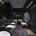 Modern Interior Bar Space With Black Counter White Stools Green Plant Window And Lighting