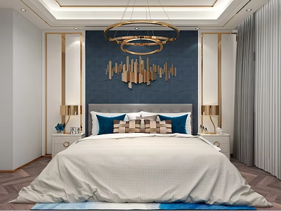 Modern Background Double Bed With Navy Blue Wall Gold Geometric Decor And Bedside Table Lamps 3d model