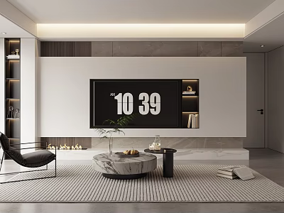 Modern Living Room With Minimalist TV Wall And Built in Shelves 3d model