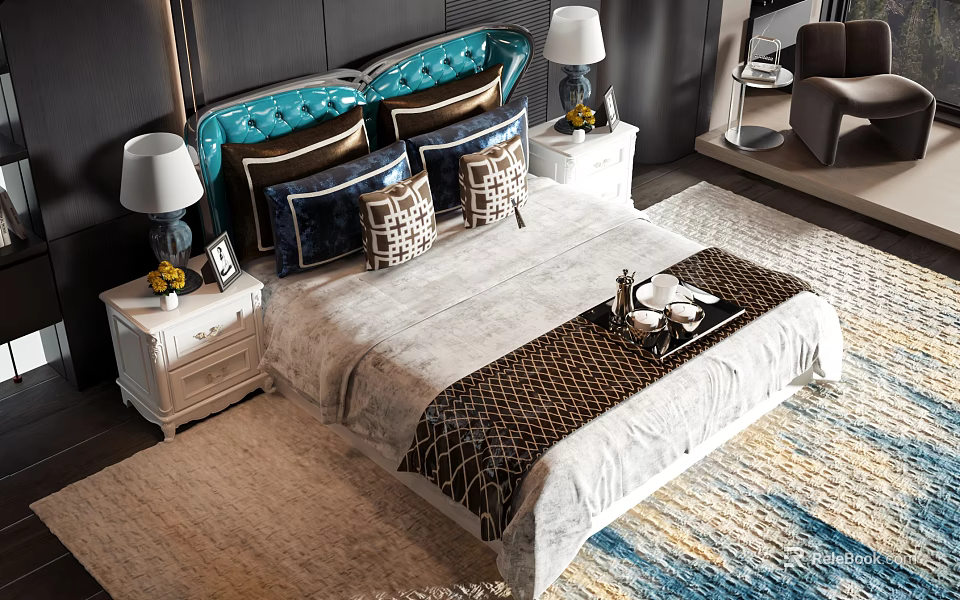 Double Bed With Blue Tufted Headboard Nightstands Table Lamps Patterned Pillows And Multicolored Rug 3d model 