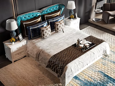 Double Bed With Blue Tufted Headboard Nightstands Table Lamps Patterned Pillows And Multicolored Rug 3d model