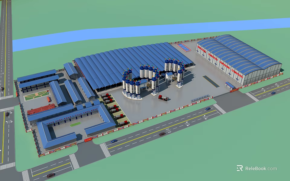 Large Industrial Factory Complex With Blue Roof Buildings Roads And Silos 3d model 