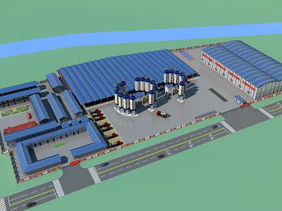 Large Industrial Factory Complex With Blue Roof Buildings Roads And Silos 3d model
