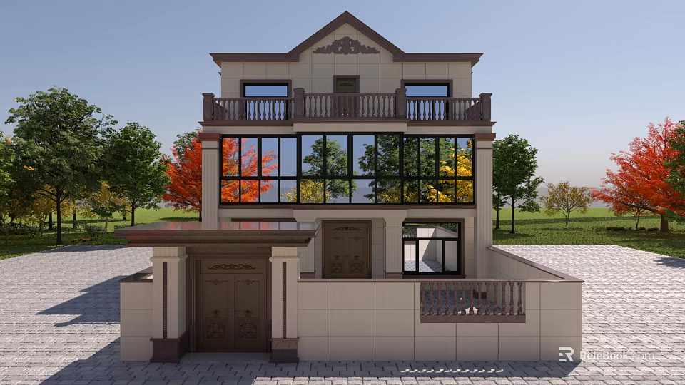 Two Story Detached Villa With Balcony Large Glass Windows Front Porch Green Trees 3d model 