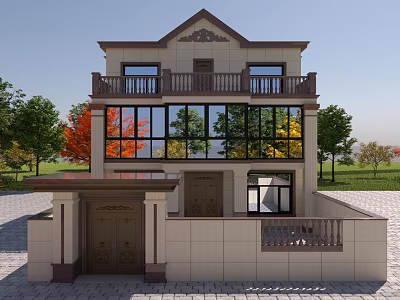 Two Story Detached Villa With Balcony Large Glass Windows Front Porch Green Trees 3d model