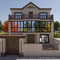 Two Story Detached Villa With Balcony Large Glass Windows Front Porch Green Trees