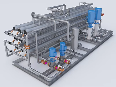 Robust Industrial Piping Equipment with Metal Pipes Blue Pumps and Steel Frame Structure 3d model