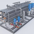 Robust Industrial Piping Equipment with Metal Pipes Blue Pumps and Steel Frame Structure