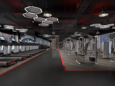 Modern Fitness Gym With Treadmills Strength Training Equipment And Industrial Lighting Design 3d model