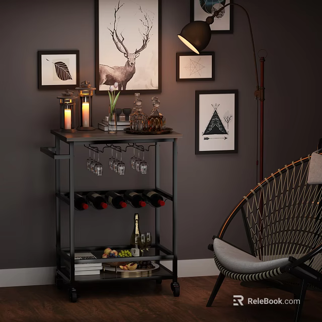 Stylish Storage Shelf With Wine Glasses Bottles Candles Plant And Decor In Living Room 3d model 