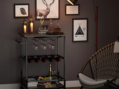 Stylish Storage Shelf With Wine Glasses Bottles Candles Plant And Decor In Living Room 3d model