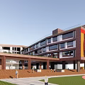 Modern School Building With Brown Exterior Red Yellow Accents Wooden Fence Children Silhouettes Green Lawn