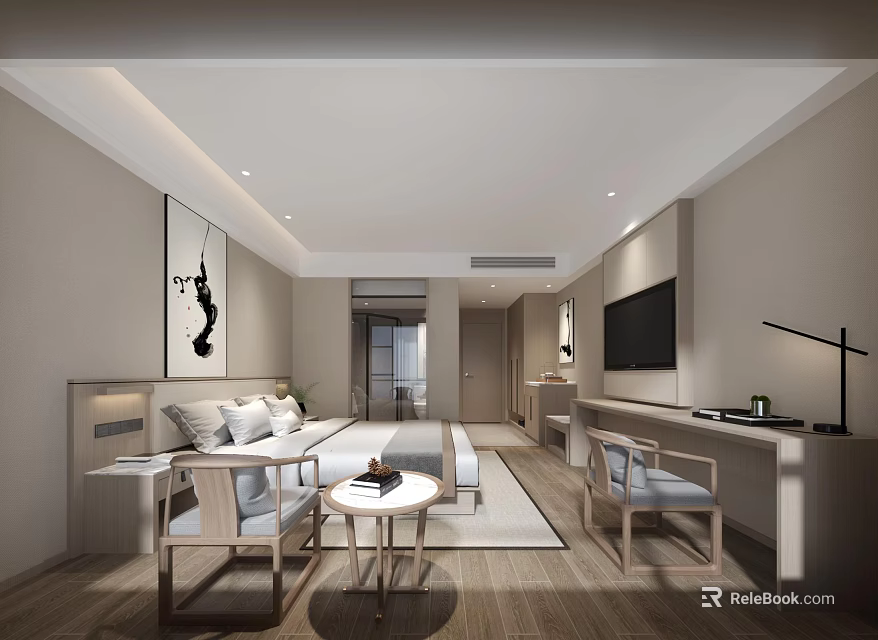 Modern Hotel Guest Room Interior With Comfortable Bed Armchairs And Decorative Wall Art 3d model 