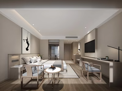 Modern Hotel Guest Room Interior With Comfortable Bed Armchairs And Decorative Wall Art 3d model